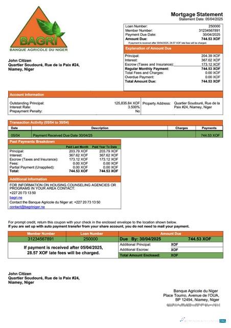 Download Niger Banque Agricole du Niger mortgage statement Word and PDF template Photoshop template
